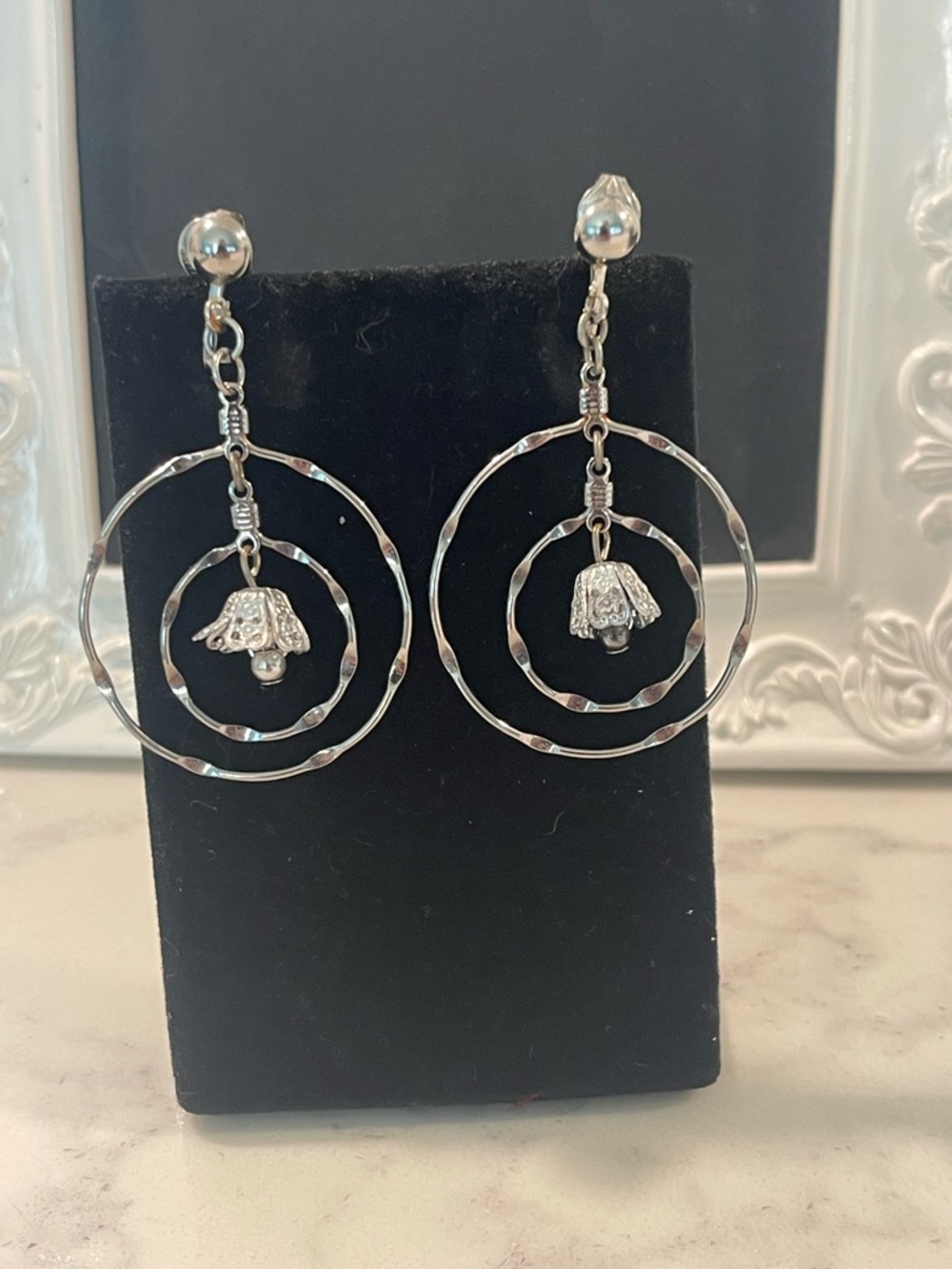 Silver Double Hoop Drop Earrings with Flower Charm